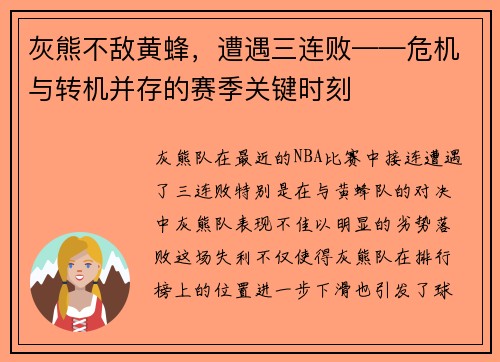 灰熊不敌黄蜂，遭遇三连败——危机与转机并存的赛季关键时刻