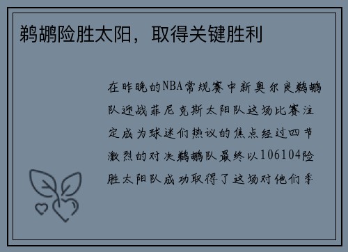 鹈鹕险胜太阳，取得关键胜利