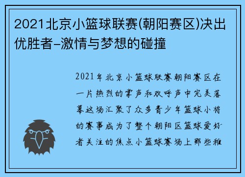 2021北京小篮球联赛(朝阳赛区)决出优胜者-激情与梦想的碰撞