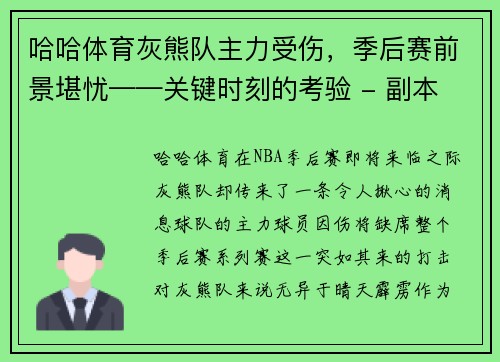 哈哈体育灰熊队主力受伤，季后赛前景堪忧——关键时刻的考验 - 副本