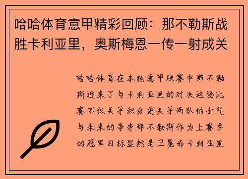 哈哈体育意甲精彩回顾：那不勒斯战胜卡利亚里，奥斯梅恩一传一射成关键 - 副本