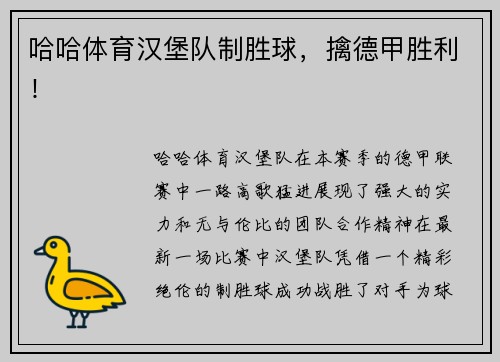 哈哈体育汉堡队制胜球，擒德甲胜利！