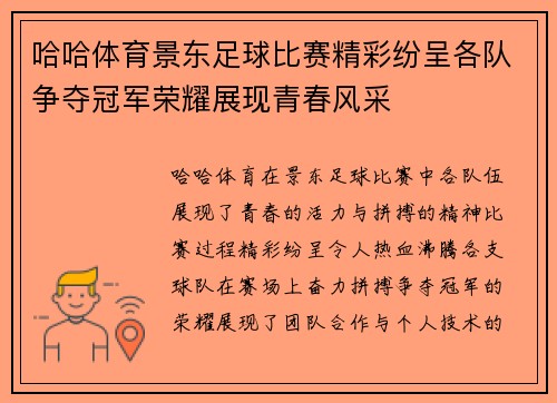 哈哈体育景东足球比赛精彩纷呈各队争夺冠军荣耀展现青春风采