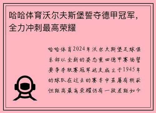 哈哈体育沃尔夫斯堡誓夺德甲冠军，全力冲刺最高荣耀