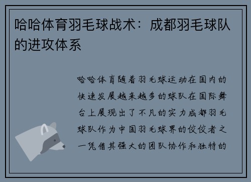 哈哈体育羽毛球战术：成都羽毛球队的进攻体系