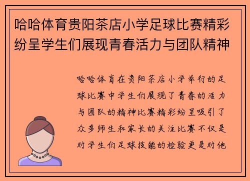 哈哈体育贵阳茶店小学足球比赛精彩纷呈学生们展现青春活力与团队精神