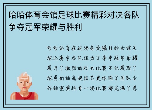 哈哈体育会馆足球比赛精彩对决各队争夺冠军荣耀与胜利