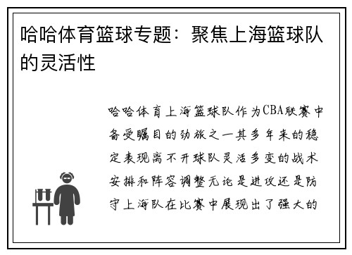 哈哈体育篮球专题：聚焦上海篮球队的灵活性