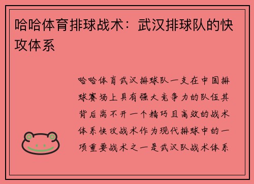 哈哈体育排球战术：武汉排球队的快攻体系